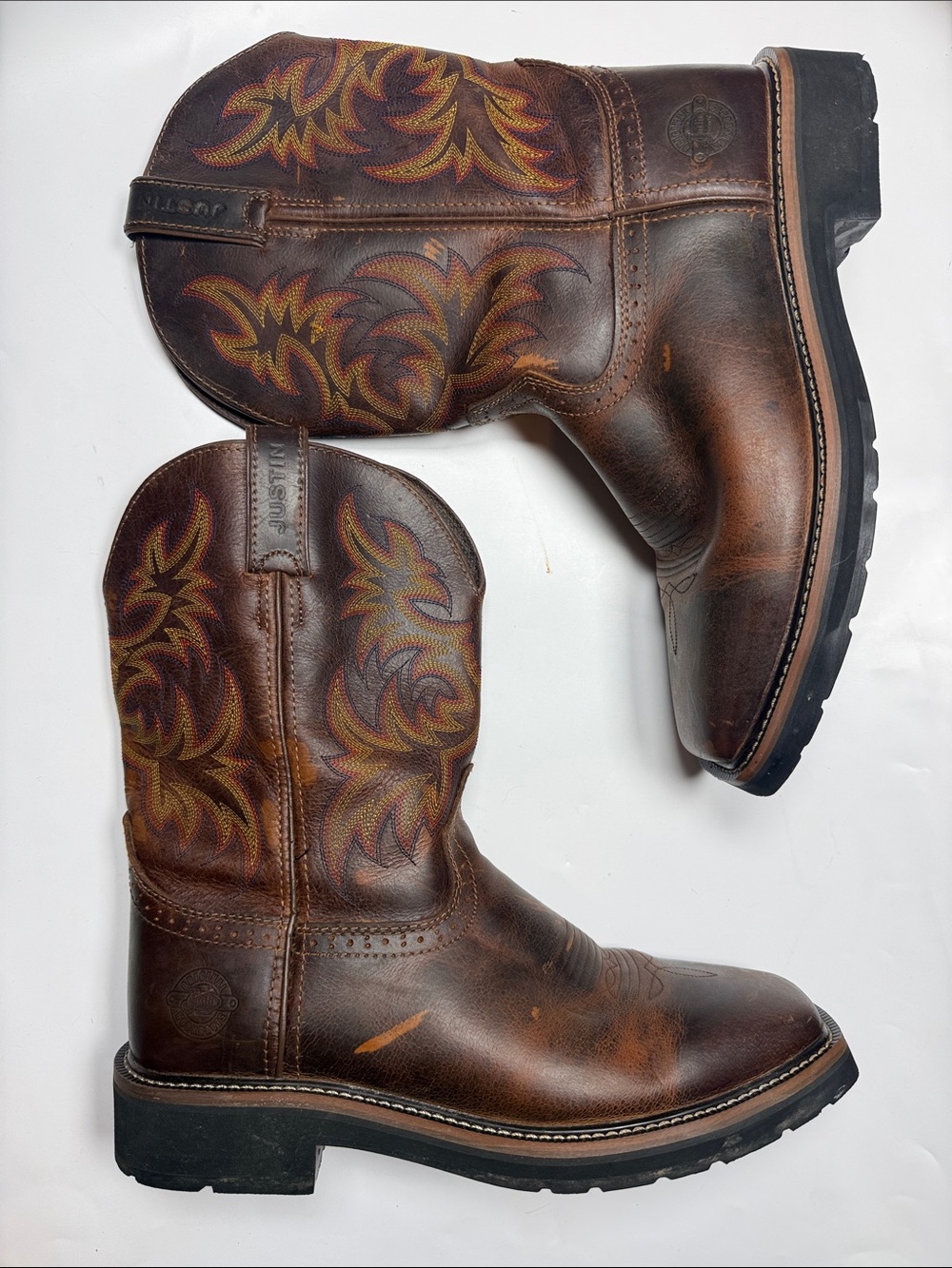 Justin Mens Stampede Driller Work Boots in brown cowhide leather S-552 Sz 10D